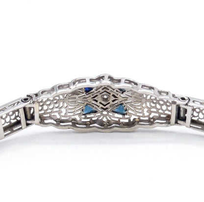 Art Deco Diamond & Blue Sapphire Filigree Bracelet in 10K White Gold
