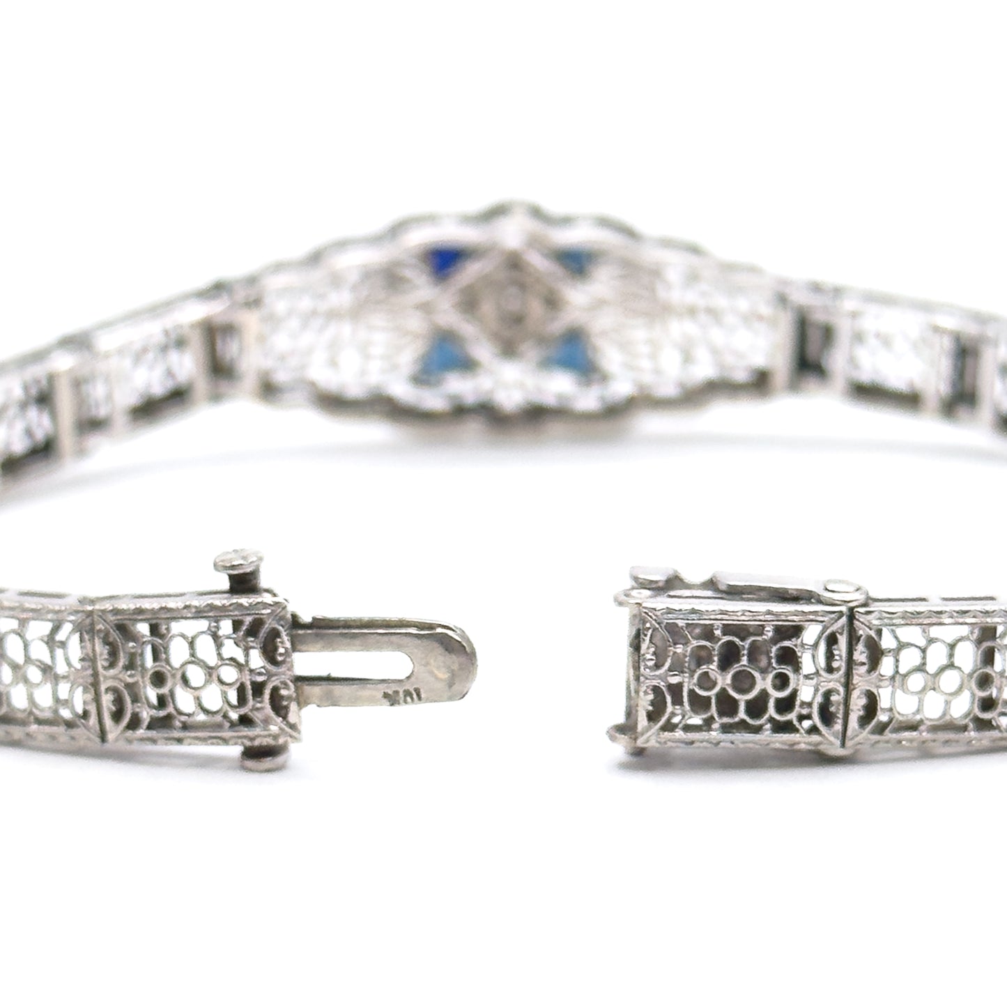Art Deco Diamond & Blue Sapphire Filigree Bracelet in 10K White Gold