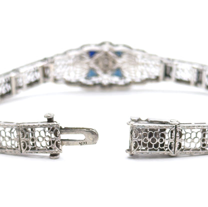 Art Deco Diamond & Blue Sapphire Filigree Bracelet in 10K White Gold