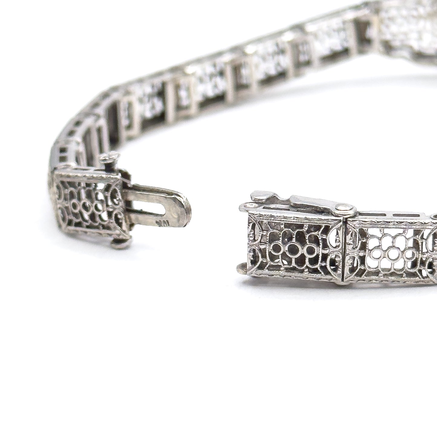 Art Deco Diamond & Blue Sapphire Filigree Bracelet in 10K White Gold