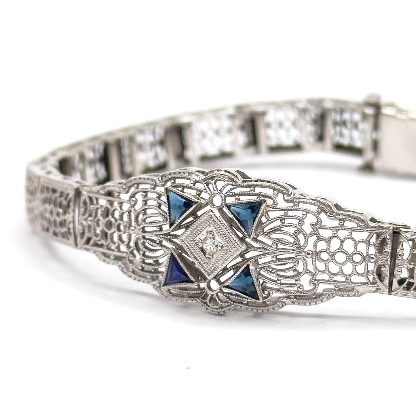Art Deco Diamond & Blue Sapphire Filigree Bracelet in 10K White Gold