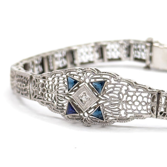 Art Deco Diamond & Blue Sapphire Filigree Bracelet in 10K White Gold