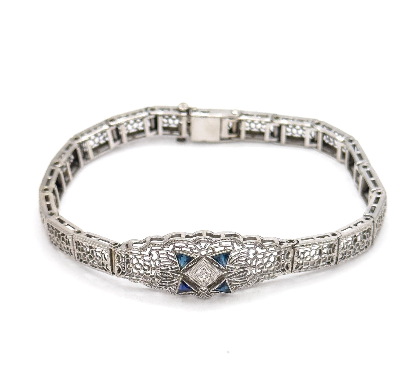 Art Deco Diamond & Blue Sapphire Filigree Bracelet in 10K White Gold
