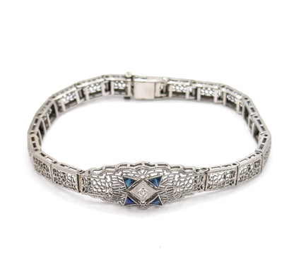 Art Deco Diamond & Blue Sapphire Filigree Bracelet in 10K White Gold