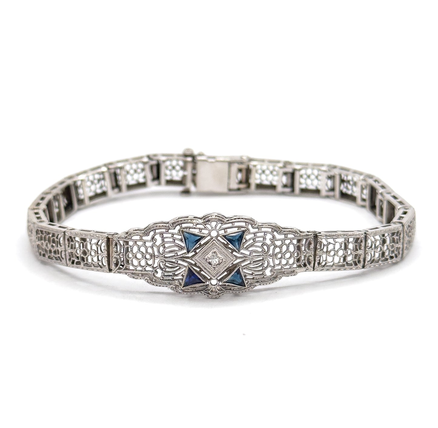 Art Deco Diamond & Blue Sapphire Filigree Bracelet in 10K White Gold