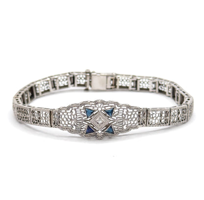 Art Deco Diamond & Blue Sapphire Filigree Bracelet in 10K White Gold