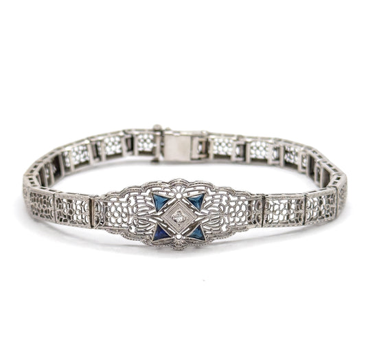Art Deco Diamond & Blue Sapphire Filigree Bracelet in 10K White Gold