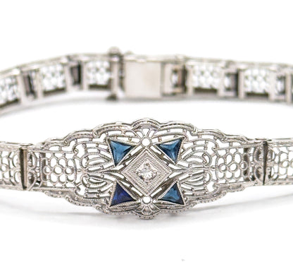 Art Deco Diamond & Blue Sapphire Filigree Bracelet in 10K White Gold