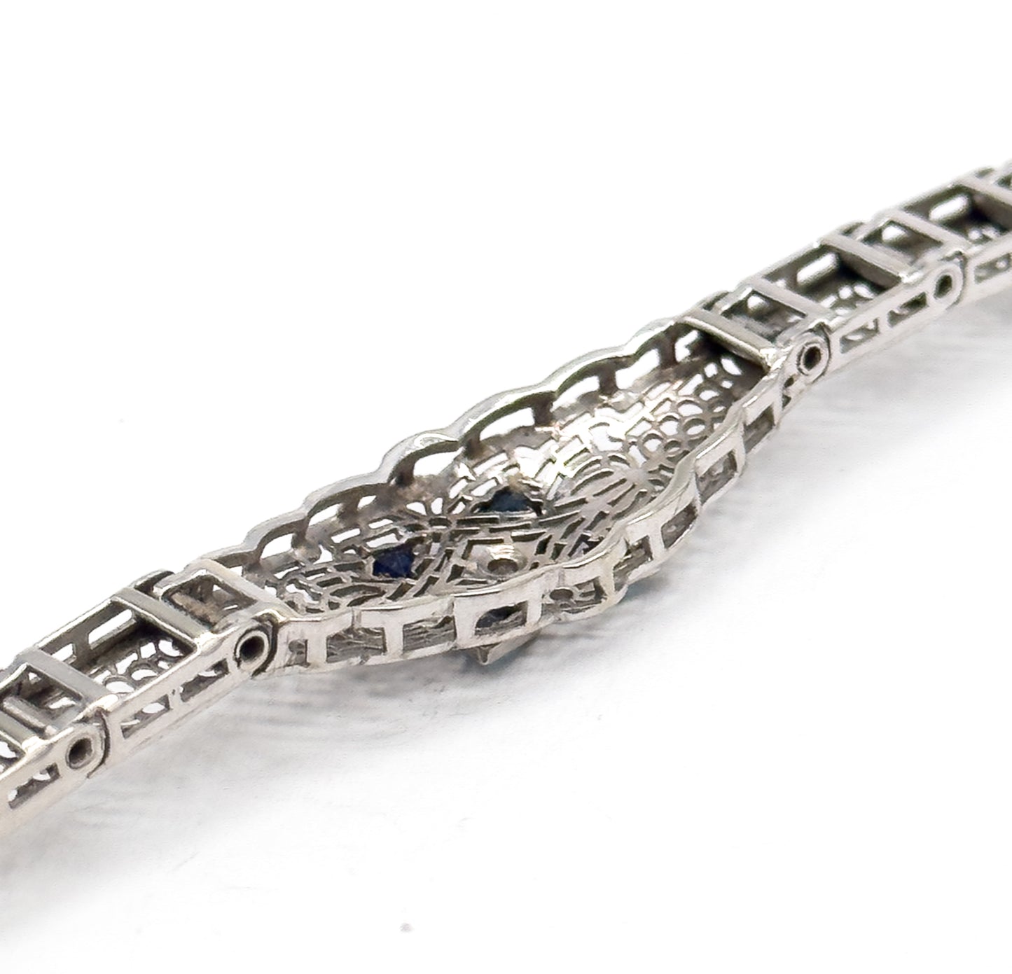 Art Deco Diamond & Blue Sapphire Filigree Bracelet in 10K White Gold