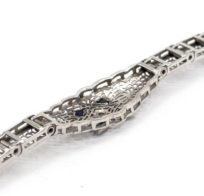 Art Deco Diamond & Blue Sapphire Filigree Bracelet in 10K White Gold