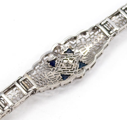 Art Deco Diamond & Blue Sapphire Filigree Bracelet in 10K White Gold