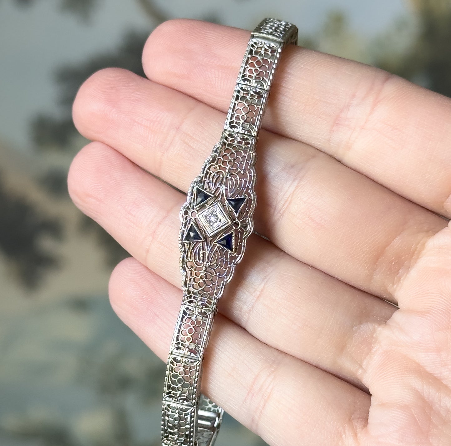 Art Deco Diamond & Blue Sapphire Filigree Bracelet in 10K White Gold