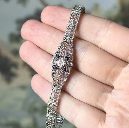 Art Deco Diamond & Blue Sapphire Filigree Bracelet in 10K White Gold