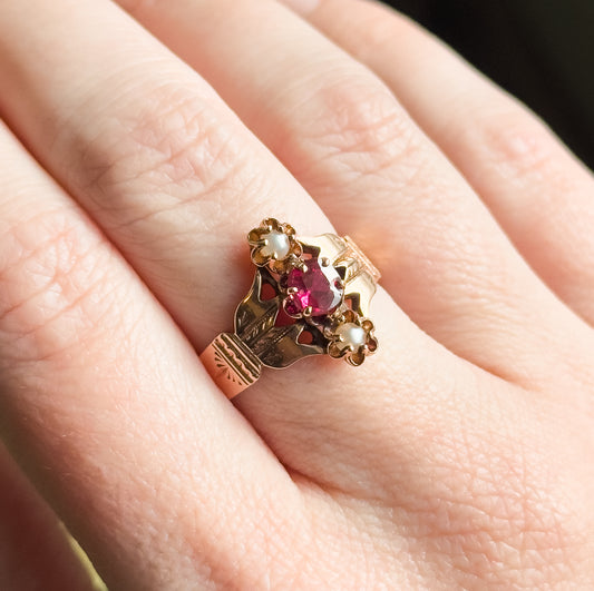 Victorian garnet doublet & Seed Pearl Ring in 10K Rose Gold