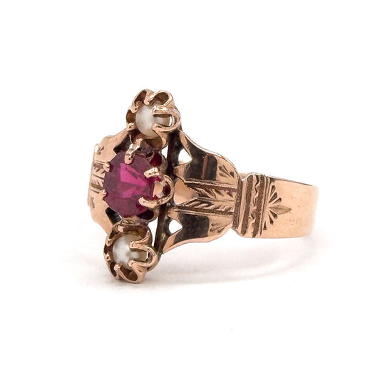 Victorian garnet doublet & Seed Pearl Ring in 10K Rose Gold