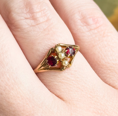 Antique Garnet & Seed Pearl Ring in Gold