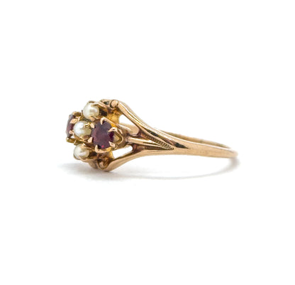 Antique Garnet & Seed Pearl Ring in Gold