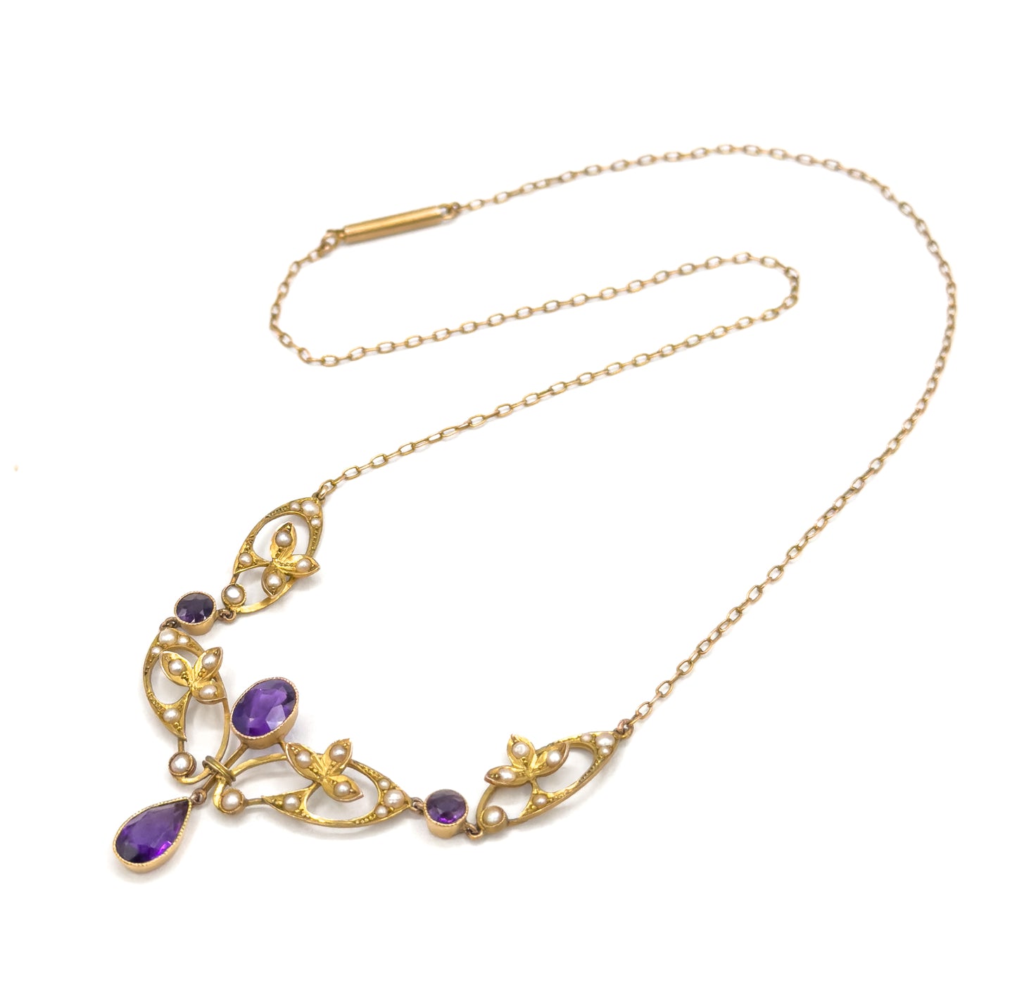 Edwardian Amethyst & Seed Pearl Necklace in 9Ct Gold