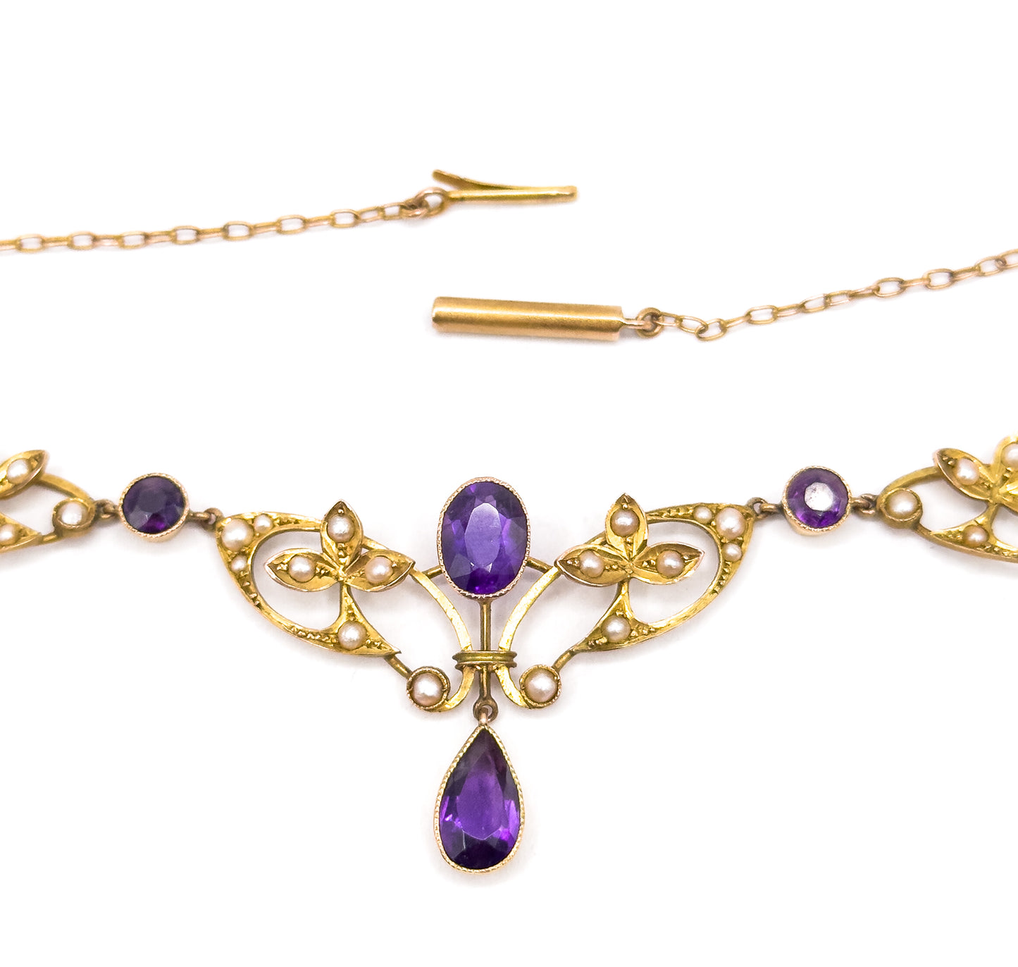 Edwardian Amethyst & Seed Pearl Necklace in 9Ct Gold