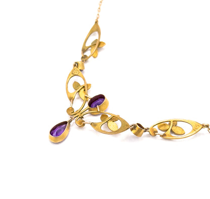 Edwardian Amethyst & Seed Pearl Necklace in 9Ct Gold