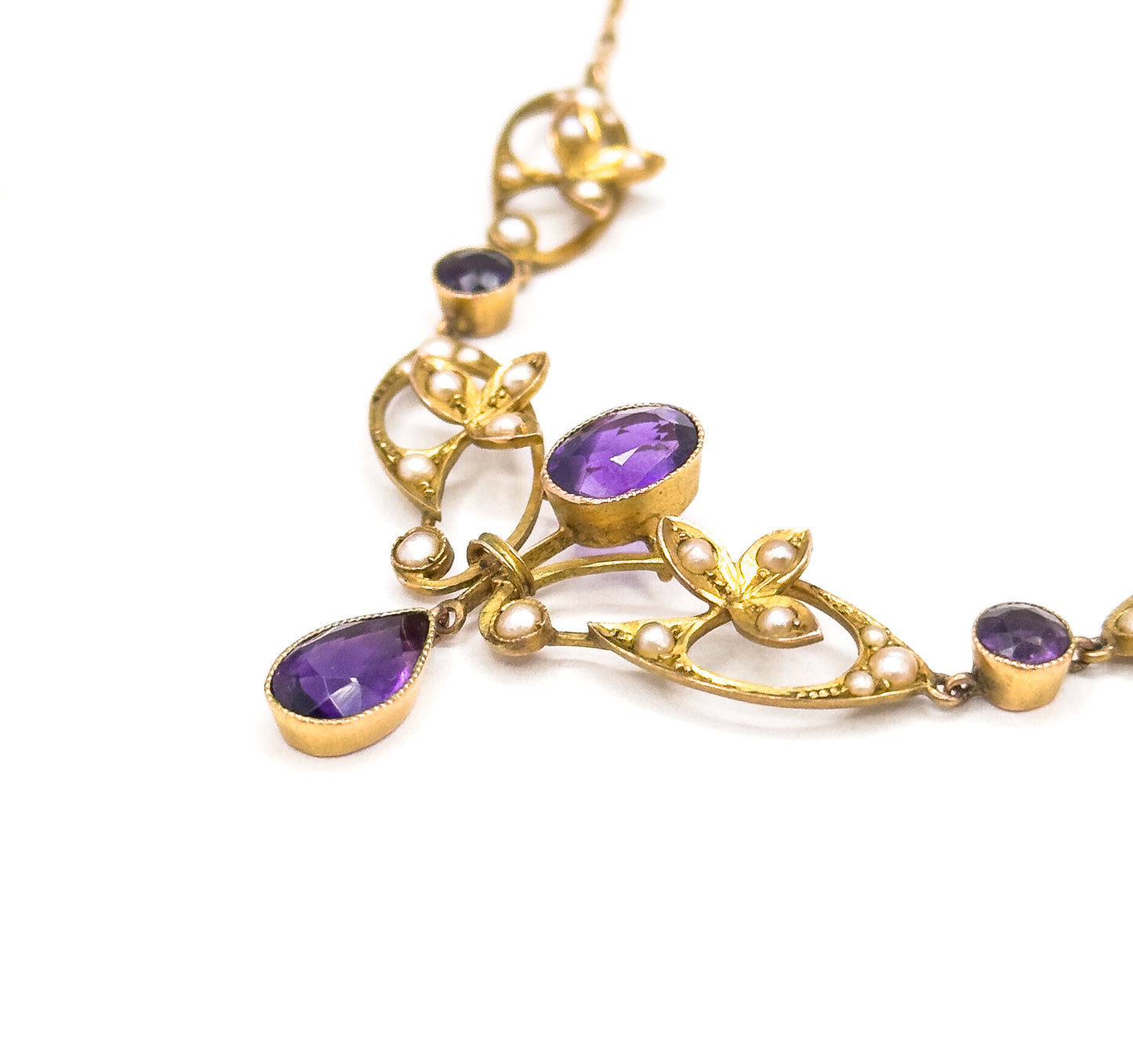 Edwardian Amethyst & Seed Pearl Necklace in 9Ct Gold