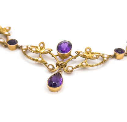 Edwardian Amethyst & Seed Pearl Necklace in 9Ct Gold