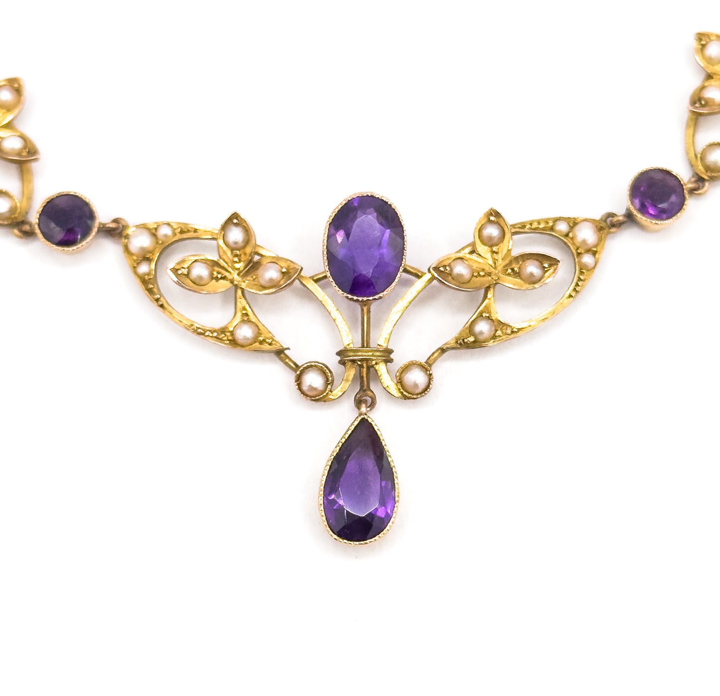 Edwardian Amethyst & Seed Pearl Necklace in 9Ct Gold