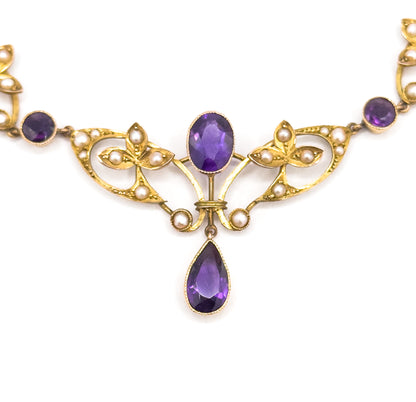 Edwardian Amethyst & Seed Pearl Necklace in 9Ct Gold