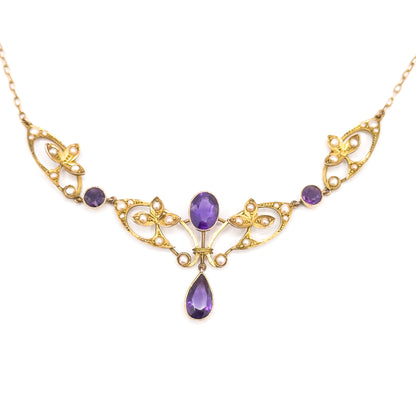 Edwardian Amethyst & Seed Pearl Necklace in 9Ct Gold