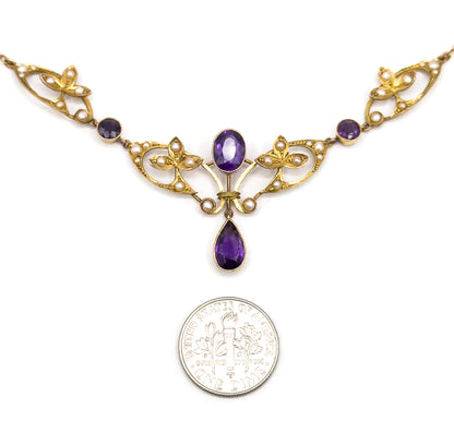 Edwardian Amethyst & Seed Pearl Necklace in 9Ct Gold