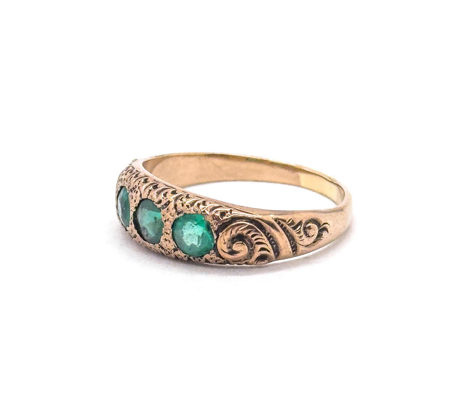 Victorian 3 Stone Green Paste Glass Ring in 9K Gold