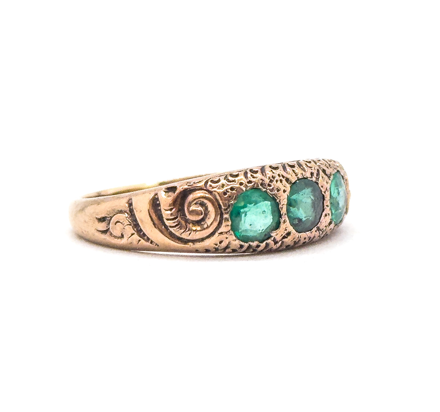 Victorian 3 Stone Green Paste Glass Ring in 9K Gold
