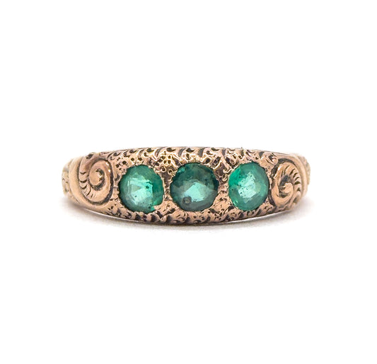 Victorian 3 Stone Green Paste Glass Ring in 9K Gold
