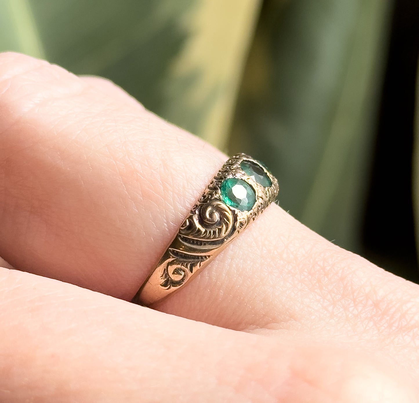 Victorian 3 Stone Green Paste Glass Ring in 9K Gold