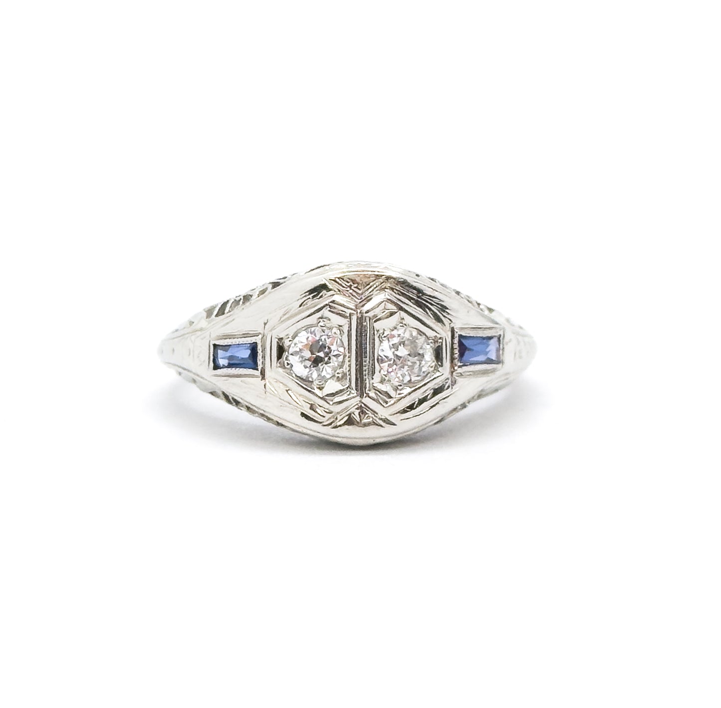 Art Deco Toi et Moi  Diamond and Sapphire Ring in White Gold