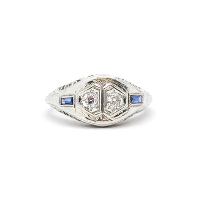 Art Deco Toi et Moi  Diamond and Sapphire Ring in White Gold