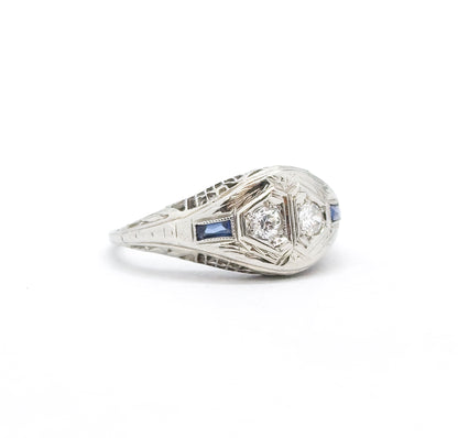 Art Deco Toi et Moi  Diamond and Sapphire Ring in White Gold