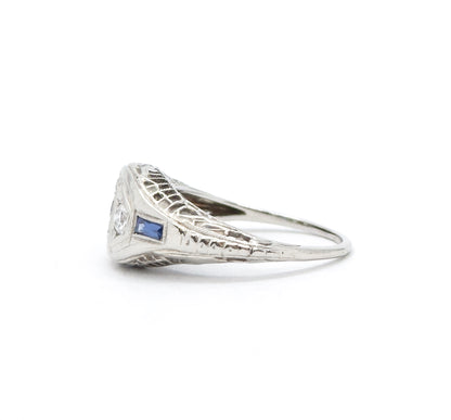 Art Deco Toi et Moi  Diamond and Sapphire Ring in White Gold