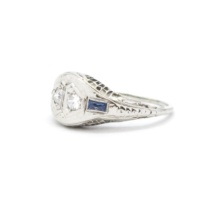 Art Deco Toi et Moi  Diamond and Sapphire Ring in White Gold
