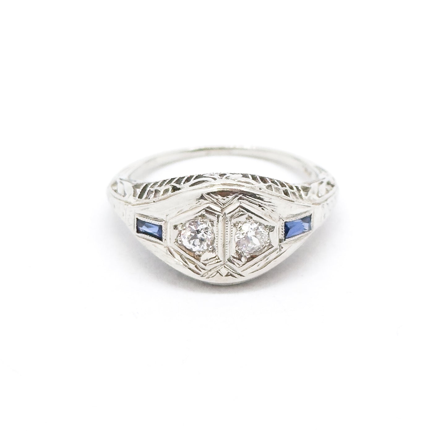 Art Deco Toi et Moi  Diamond and Sapphire Ring in White Gold