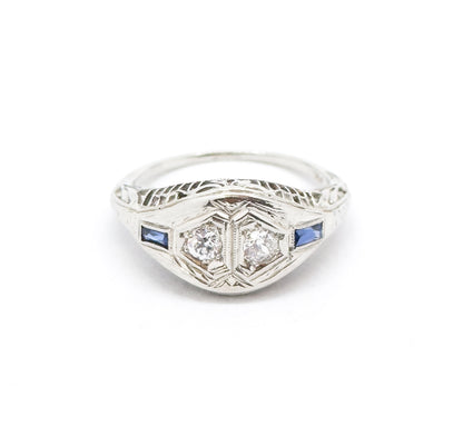 Art Deco Toi et Moi  Diamond and Sapphire Ring in White Gold