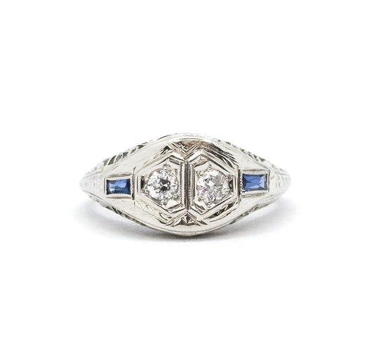 Art Deco Toi et Moi  Diamond and Sapphire Ring in White Gold