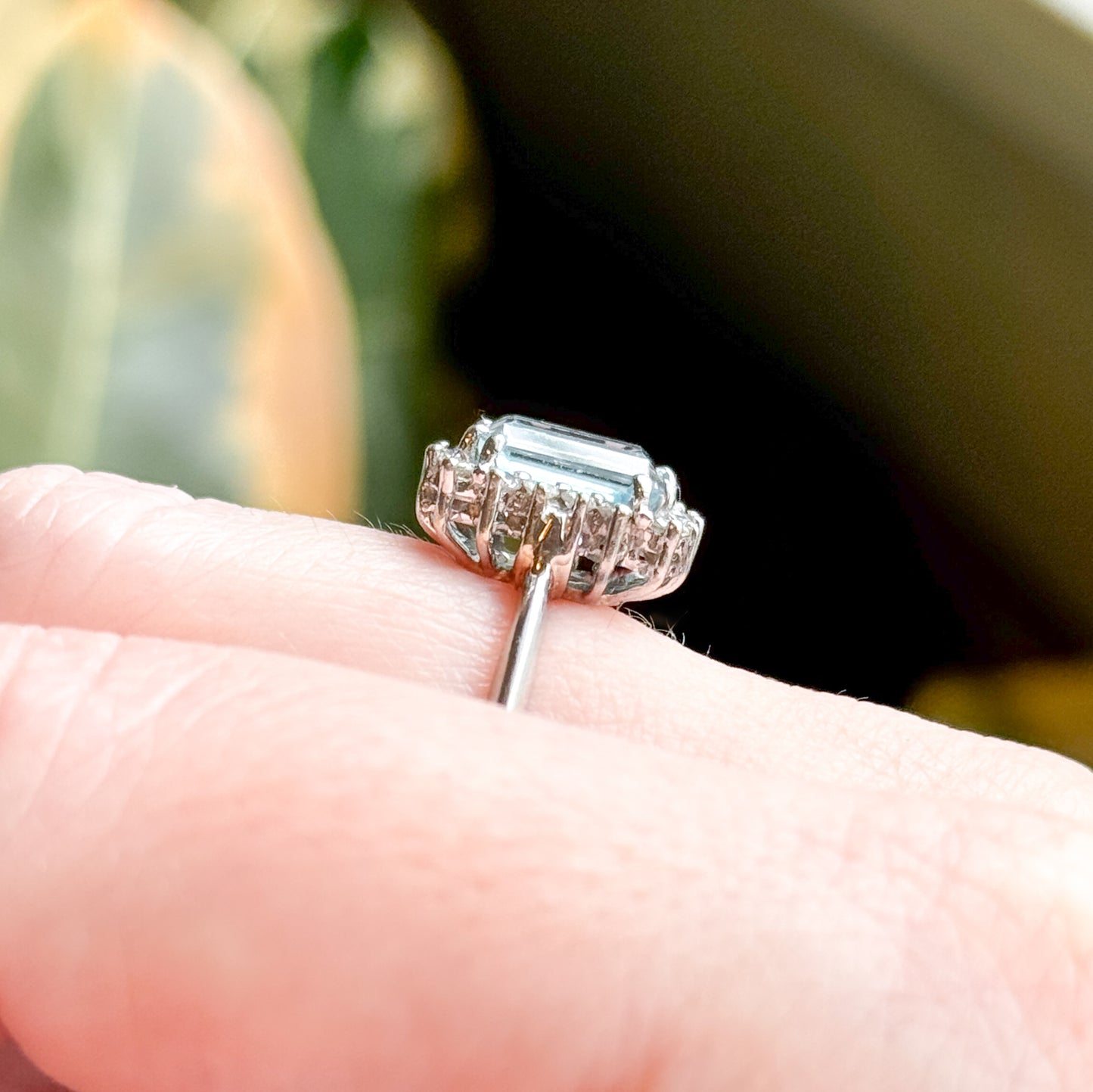 Vintage Blue Topaz & Diamond Halo Ring in 14K White Gold