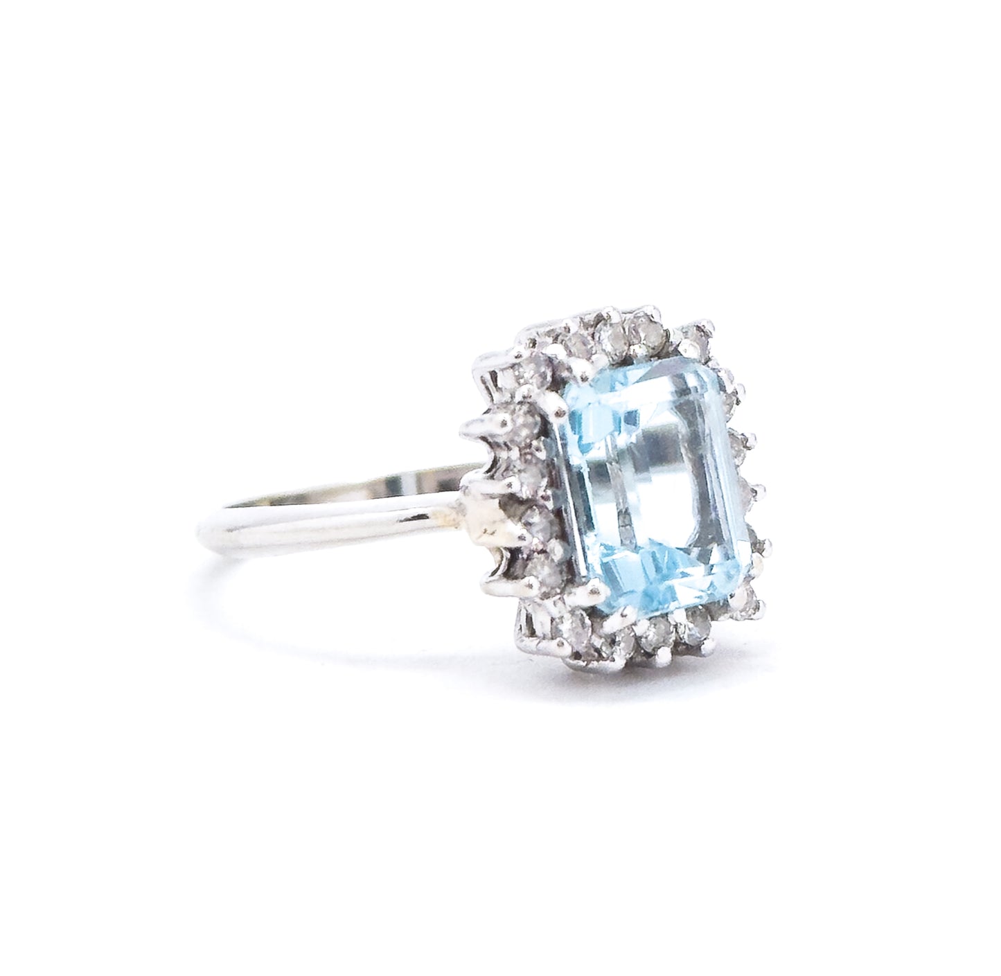 Vintage Blue Topaz & Diamond Halo Ring in 14K White Gold