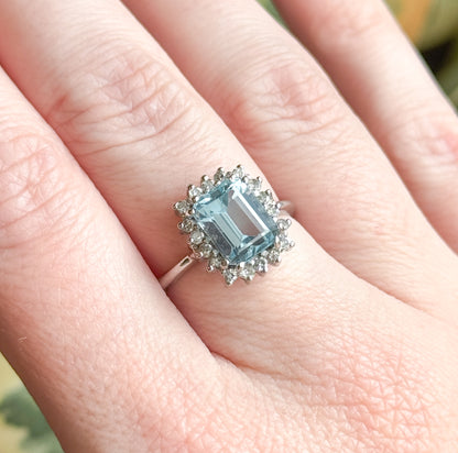 Vintage Blue Topaz & Diamond Halo Ring in 14K White Gold