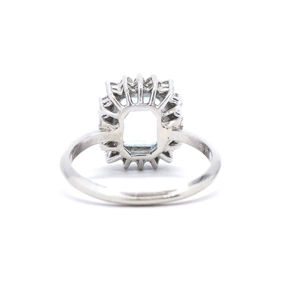 Vintage Blue Topaz & Diamond Halo Ring in 14K White Gold