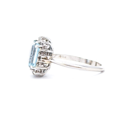 Vintage Blue Topaz & Diamond Halo Ring in 14K White Gold