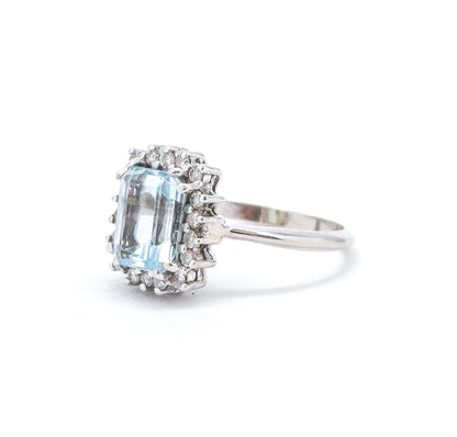 Vintage Blue Topaz & Diamond Halo Ring in 14K White Gold