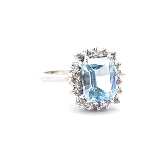 Vintage Blue Topaz & Diamond Halo Ring in 14K White Gold