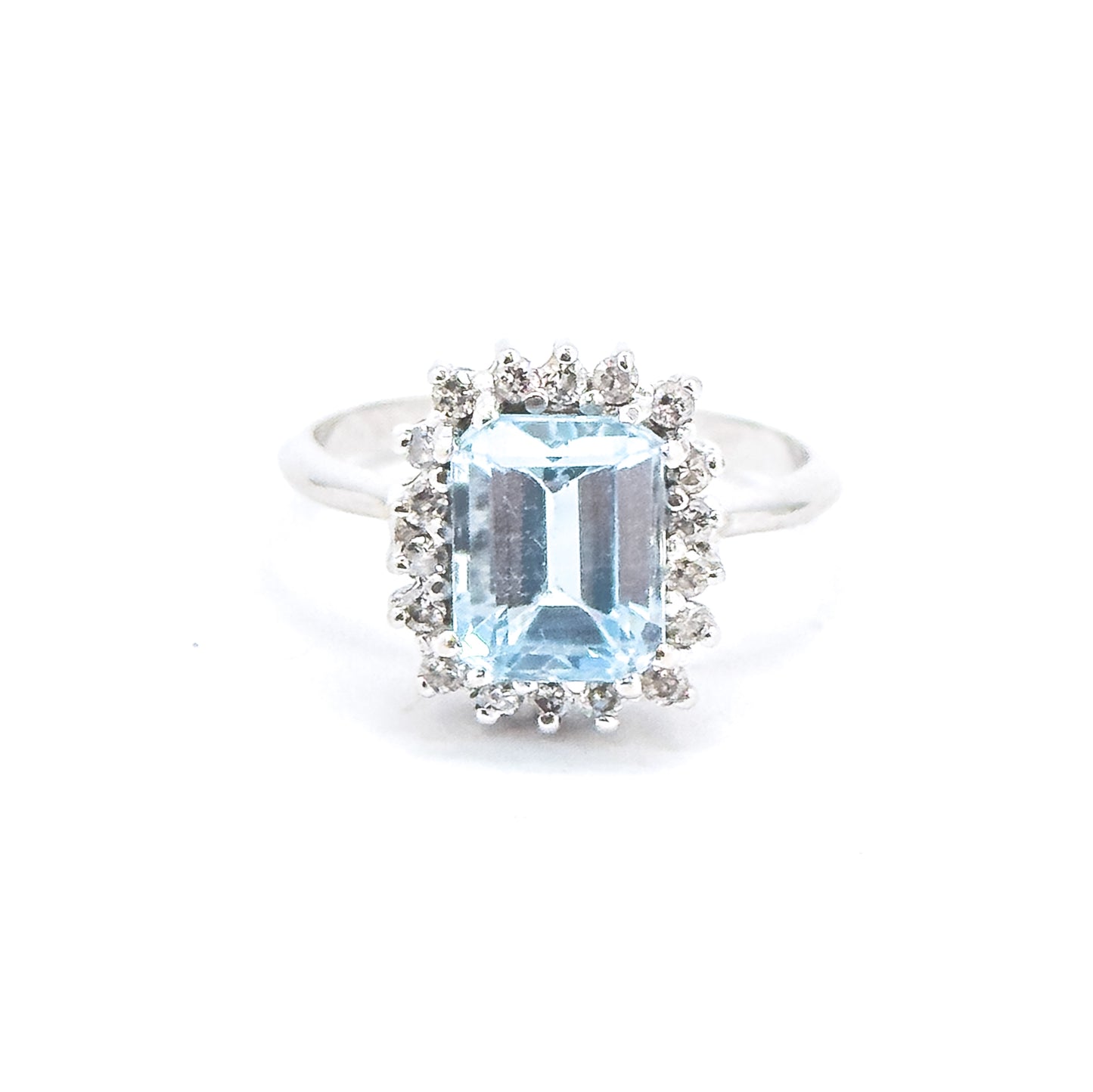 Vintage Blue Topaz & Diamond Halo Ring in 14K White Gold